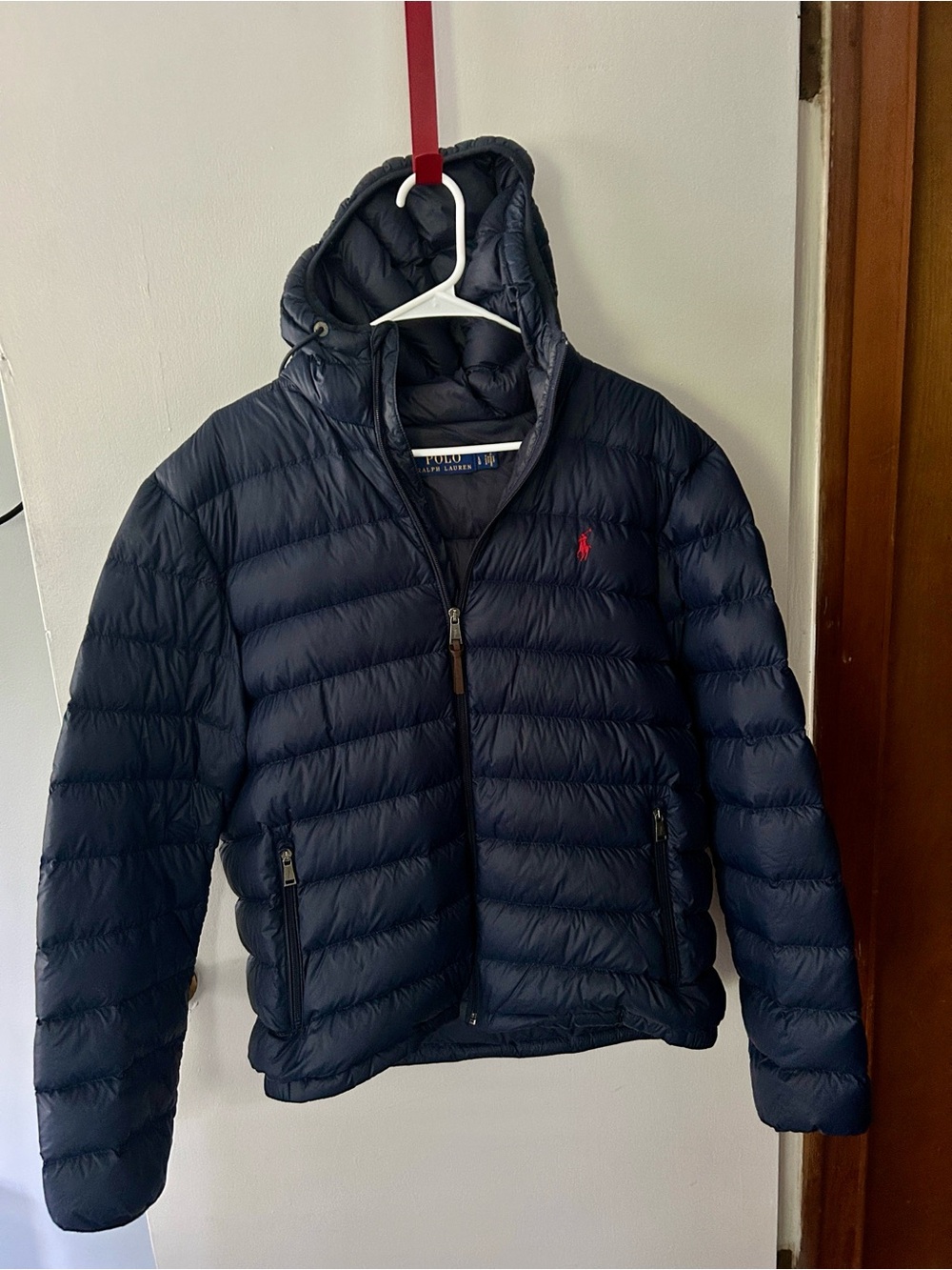 Polo by Ralph Lauren Navy Hooded Puffer Jacket with Red Polo Logo Large